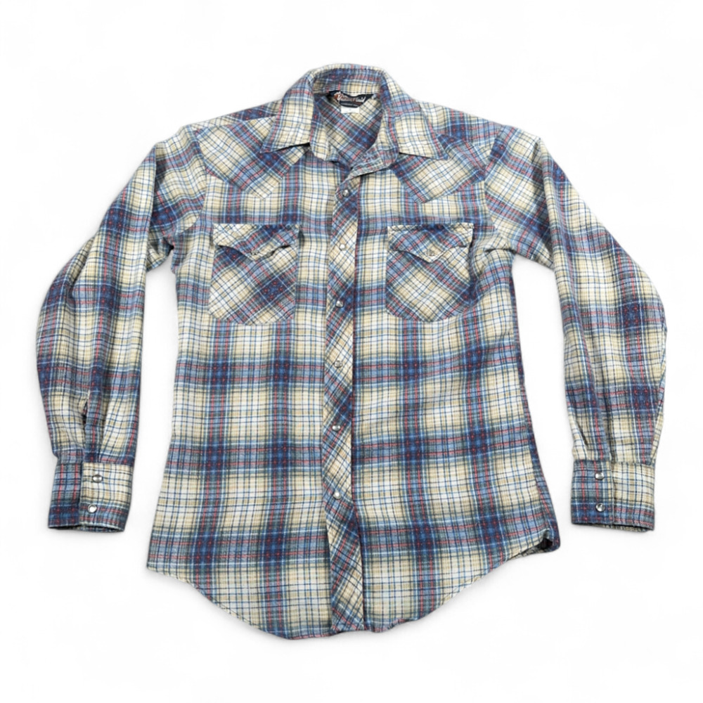 Vintage Dude Western Shirt Adult SMALL Blue Yukon Plaid Flannel Pearl Snap 70s